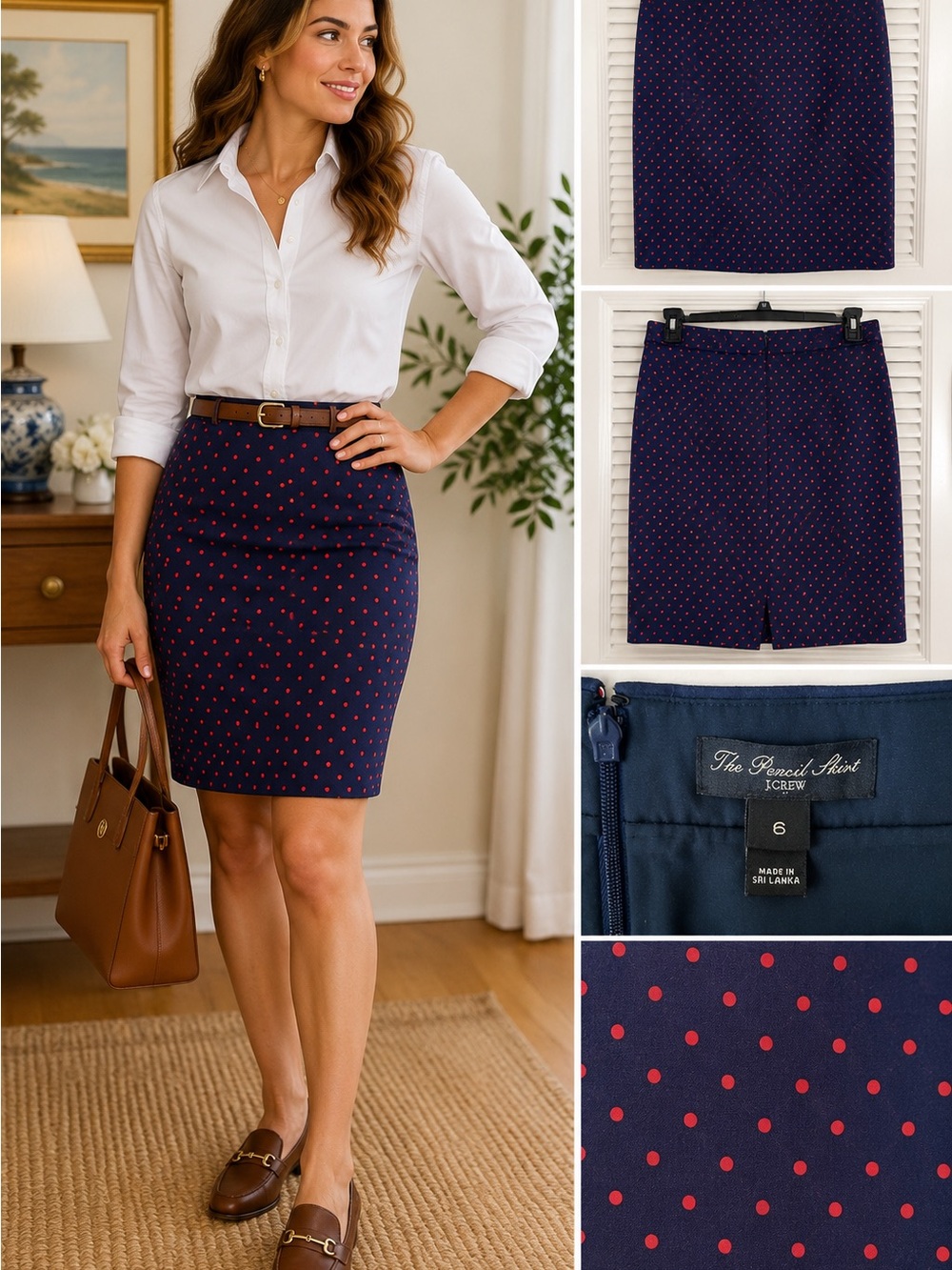 J.Crew The Pencil Skirt Women’s 6 Navy Blue Red Polka Dot Cotton Stretch
